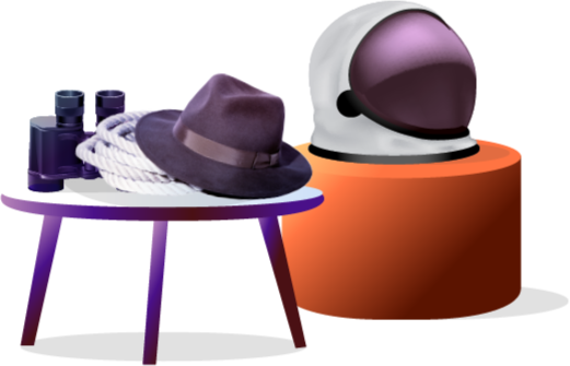 hat, rope, binoculars and astronaut helmet on table
