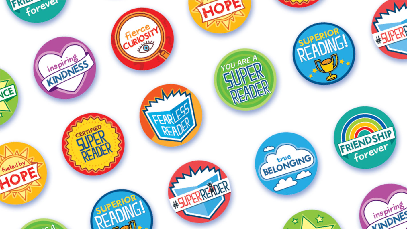 badges with words on them