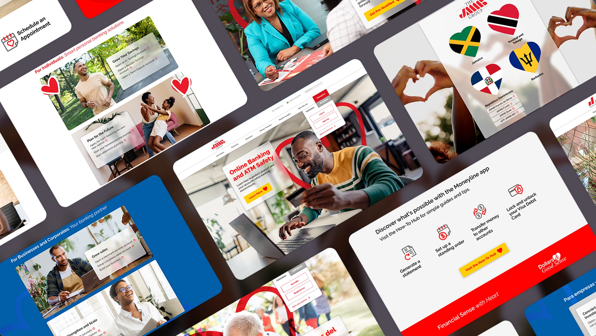 Collage of user interface designs for a Caribbean banking website, featuring homepage sections, financial content modules, and lifestyle imagery.