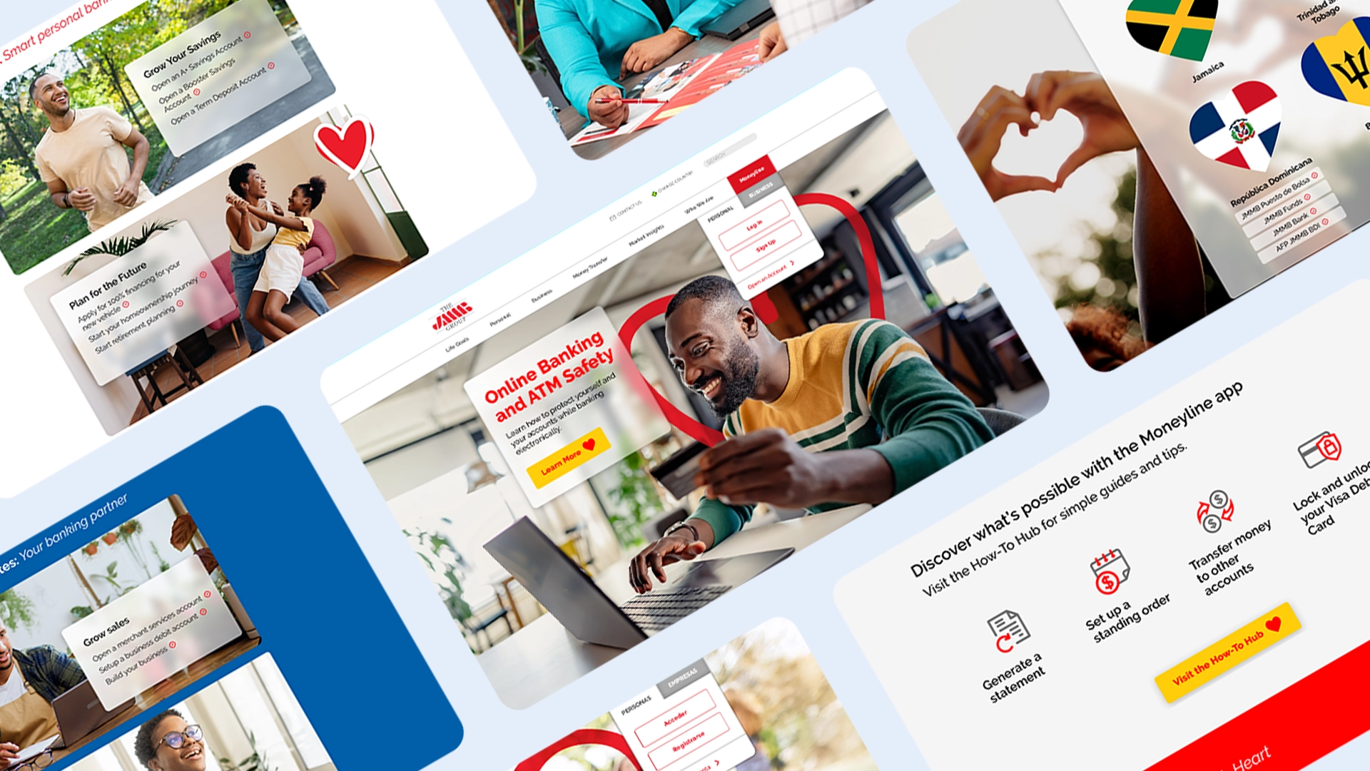 Collage of user interface designs for a Caribbean banking website, featuring homepage sections, financial content modules, and lifestyle imagery.