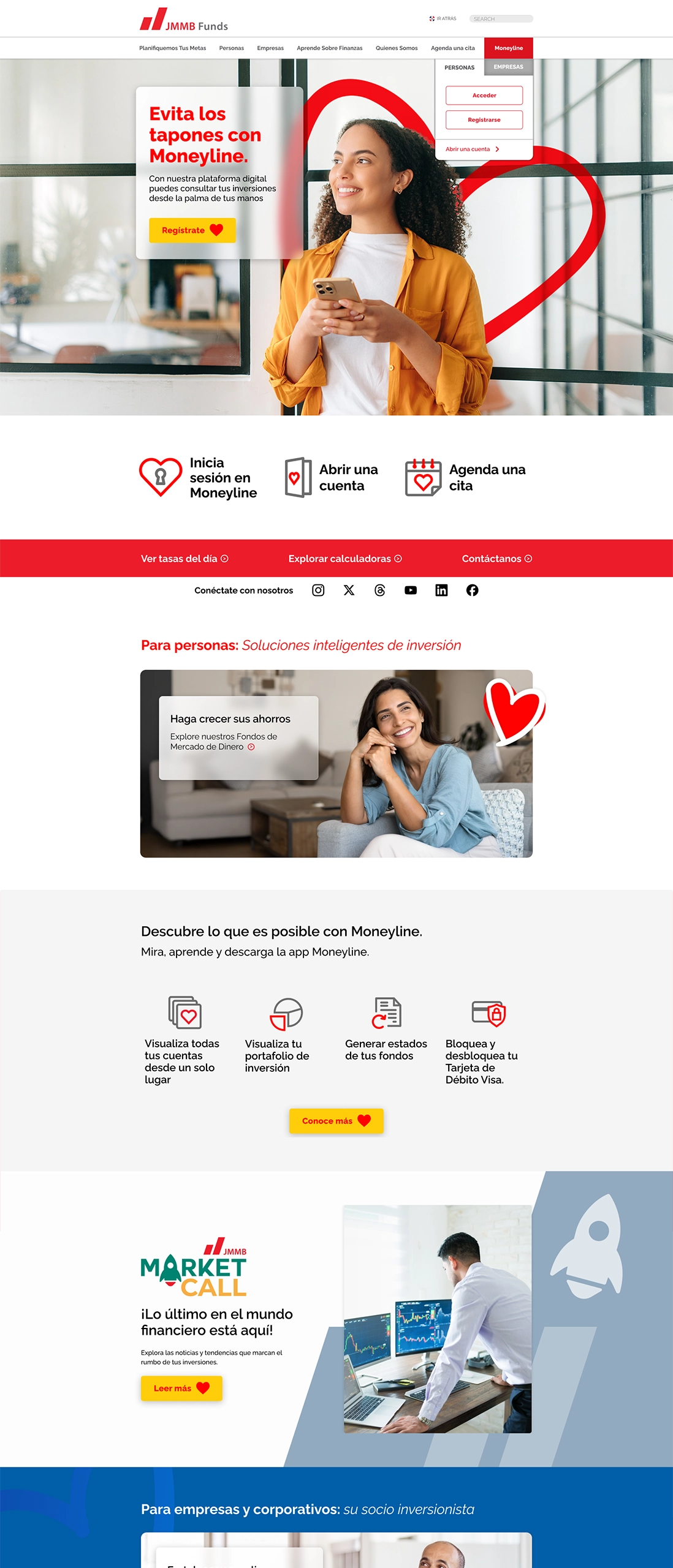 JMMB Dominican Republic funds website homepage featuring Spanish language content and heart brand visual system