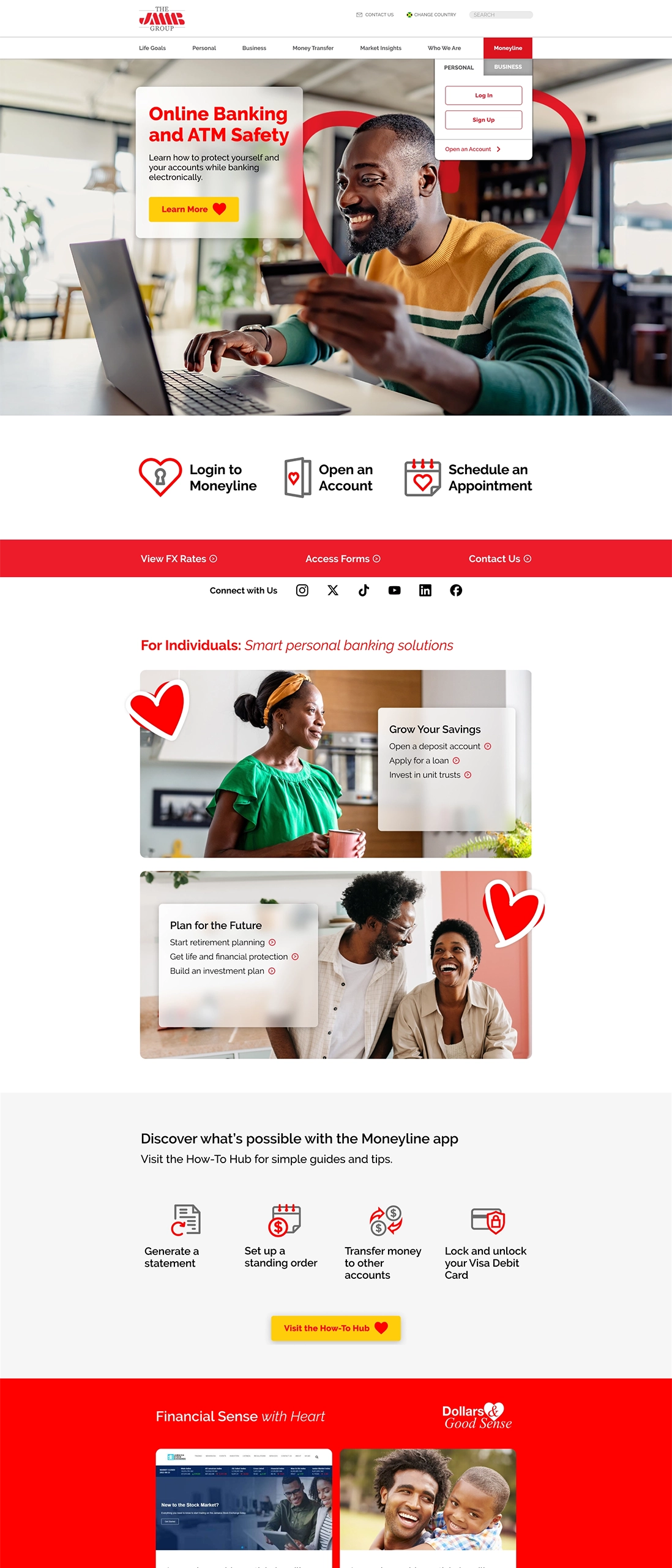 JMMB Jamaica Banking website homepage featuring customer-focused messaging, lifestyle imagery, and simplified financial actions