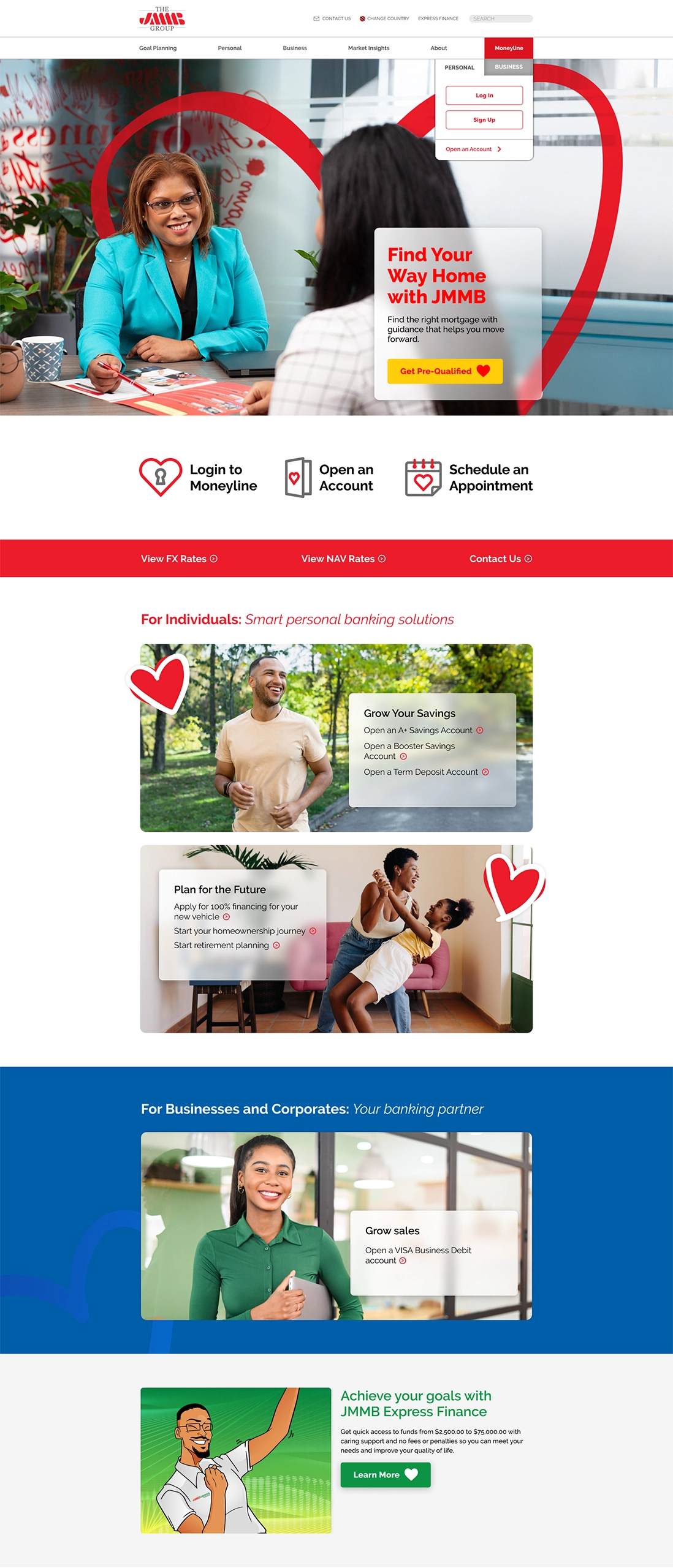 JMMB Trinidad and Tobago website homepage redesign featuring customer-focused messaging and heart brand elements