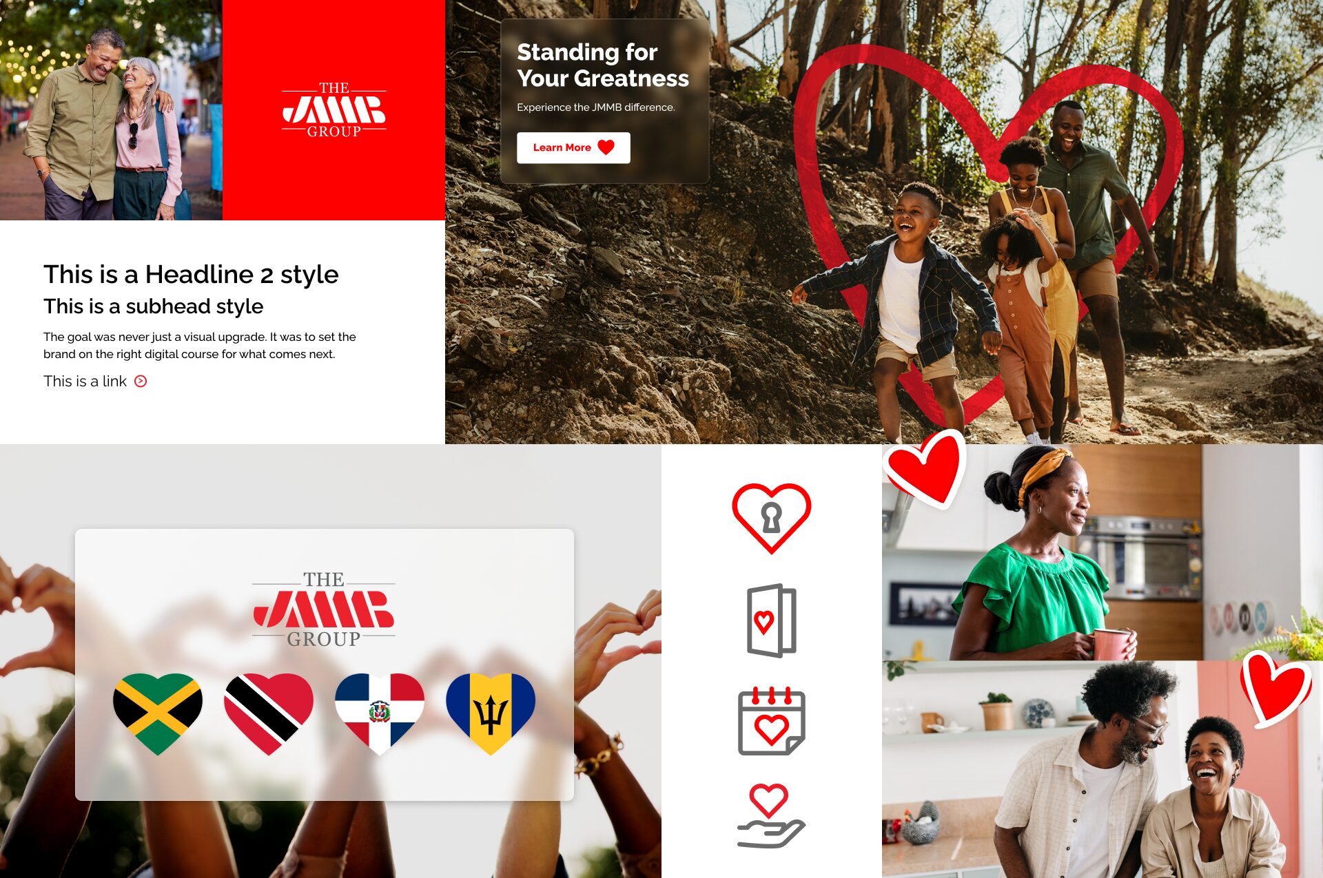 JMMB visual style tiles showing the heart-led design system including typography, color palette, and brand imagery