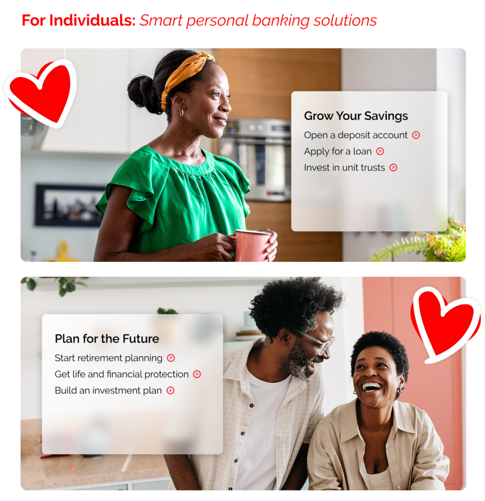 Customer-focused banking interface with lifestyle imagery and simplified financial options