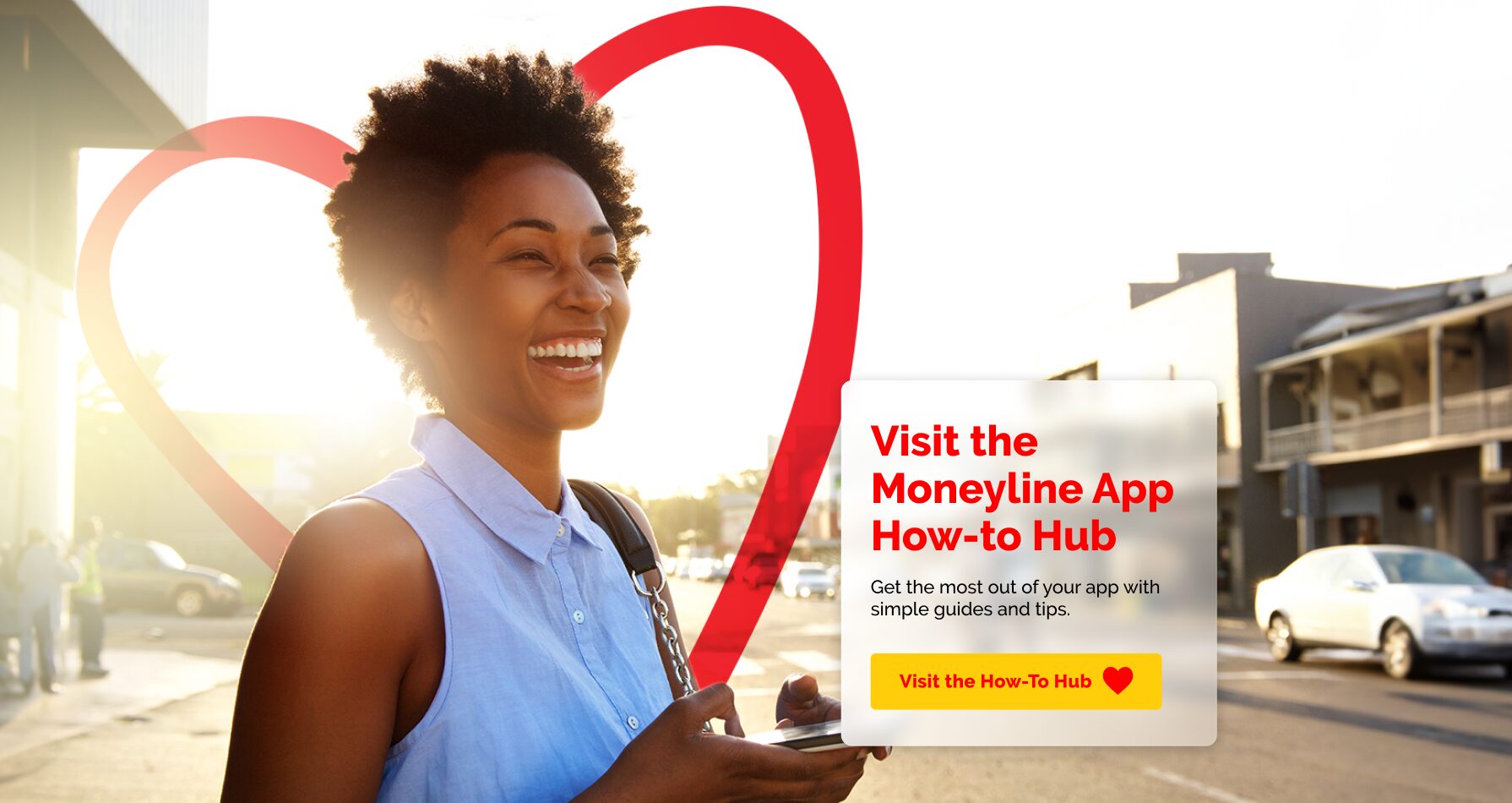 JMMB Jamaica website header showing a smiling woman using a mobile phone with messaging about mobile banking, featuring an illustrated heart in the background.