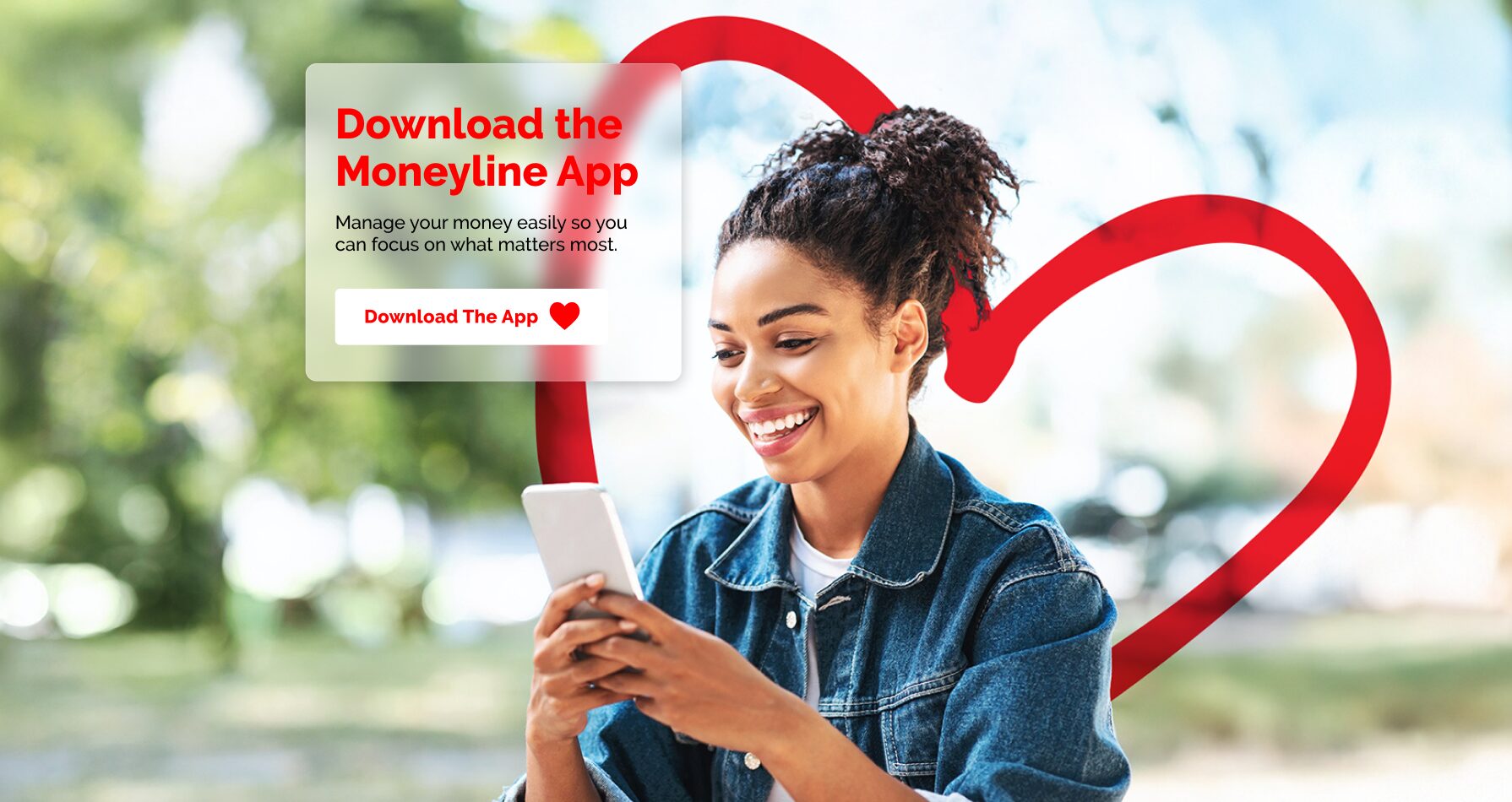 JMMB Trinidad and Tobago website header showing a smiling woman using a mobile phone with messaging promoting the Moneyline App, featuring an illustrated heart in the background.